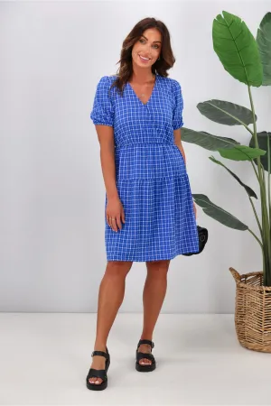 Shine On Label Tatiana Cross Over Tier Check Dress Blue