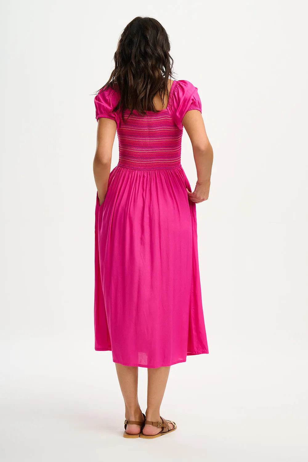 Sugarhill Octavia Midi Shirred Dress Rainbow Shirring Dark Pink