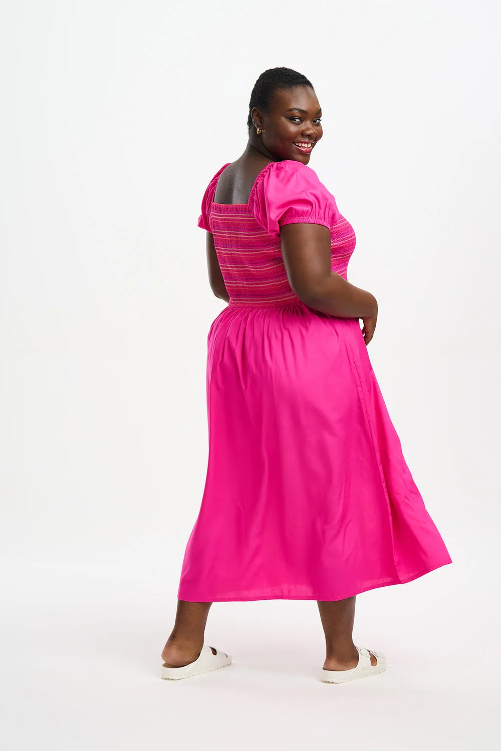 Sugarhill Octavia Midi Shirred Dress Rainbow Shirring Dark Pink