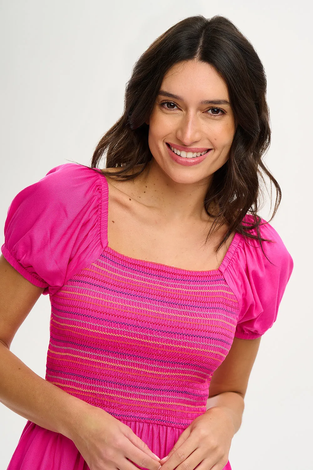 Sugarhill Octavia Midi Shirred Dress Rainbow Shirring Dark Pink