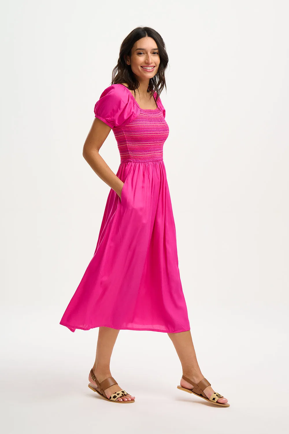 Sugarhill Octavia Midi Shirred Dress Rainbow Shirring Dark Pink