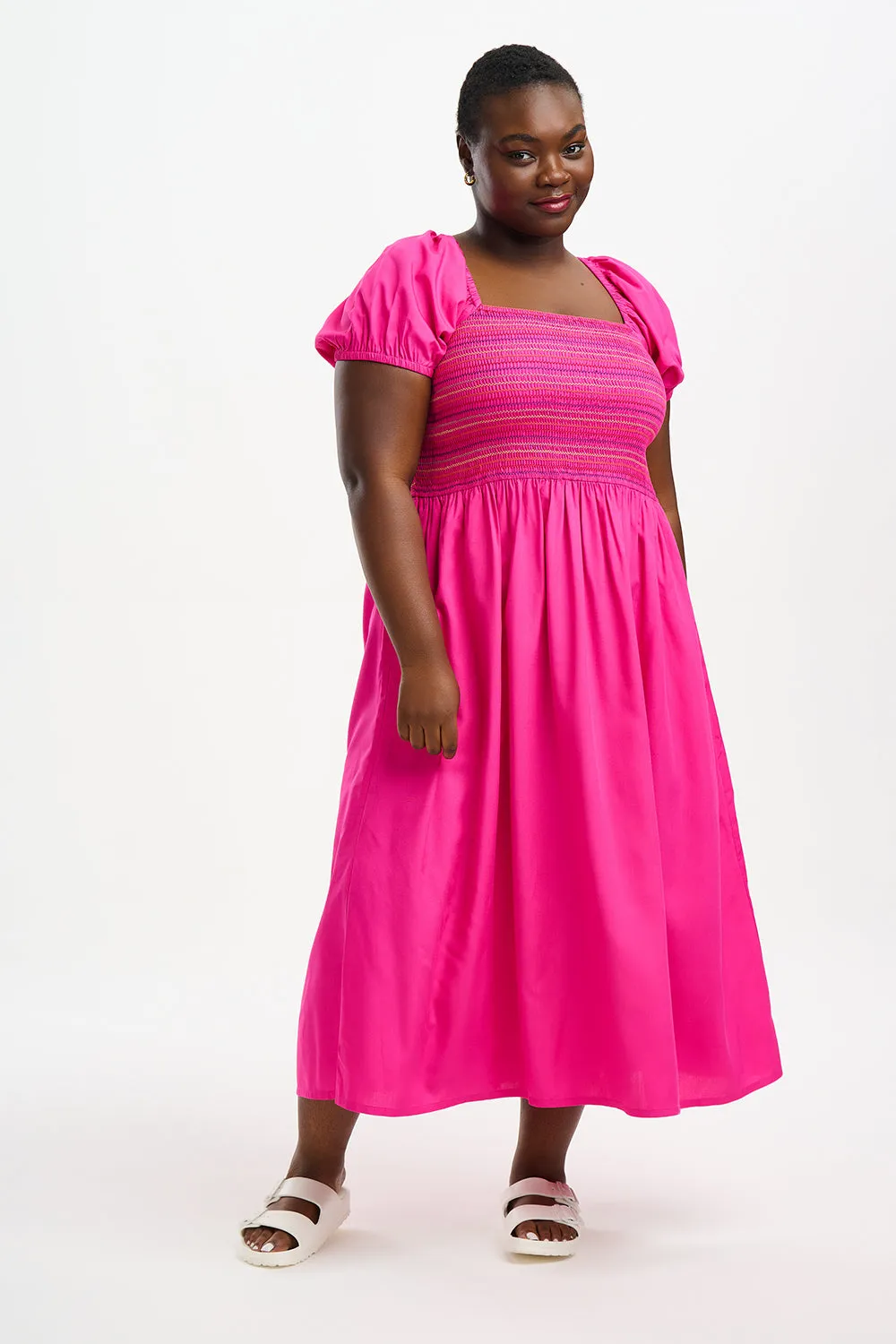 Sugarhill Octavia Midi Shirred Dress Rainbow Shirring Dark Pink