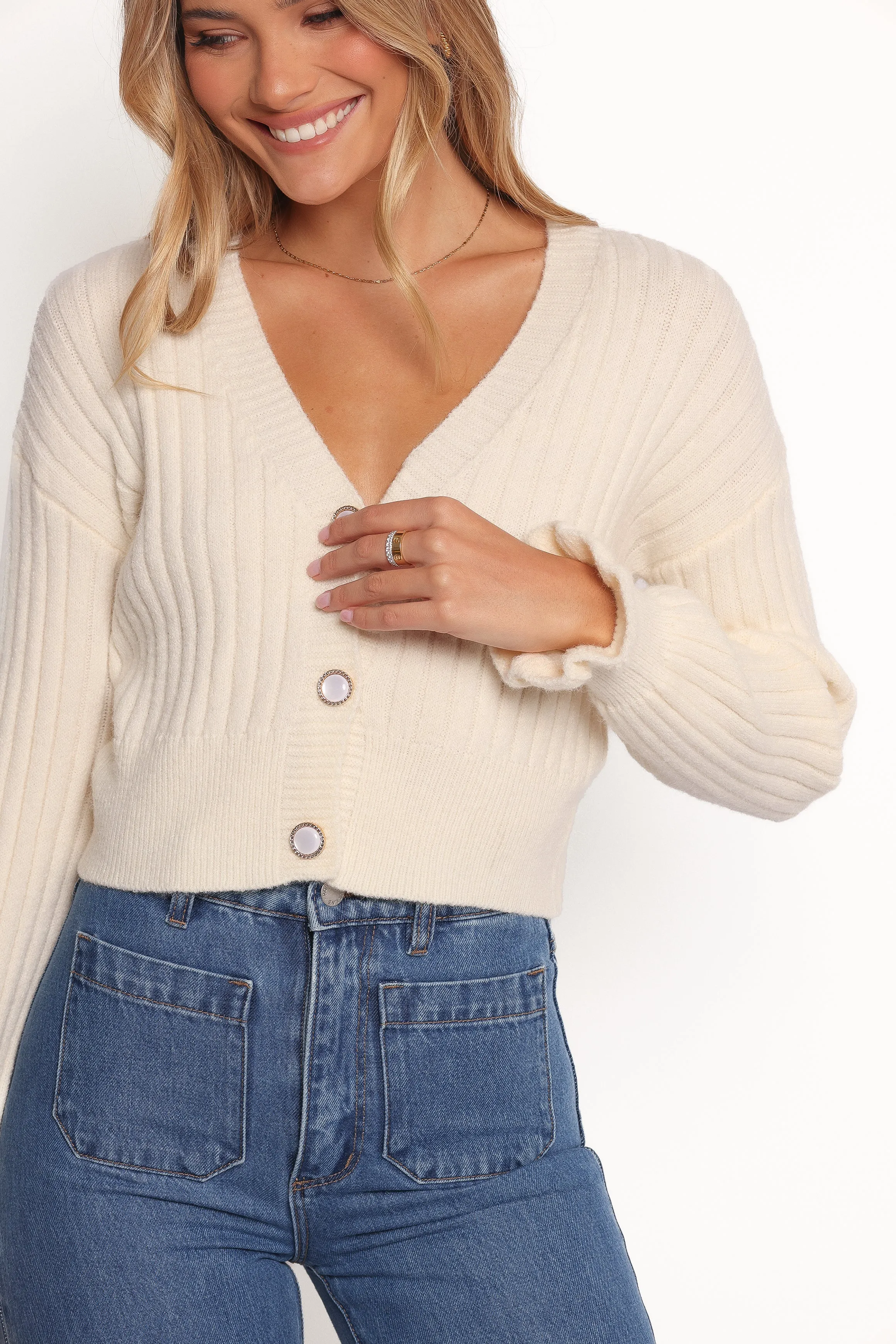 Zana Ribbed Ruffle Cuff Knit Sweater - Cream